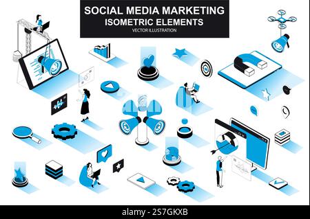 Social media marketing bundle of isometric elements. Magnet, megaphone, lead generation, marketer, announcement and promotion isolated icons. Isometric vector illustration kit with people characters. Stock Vector