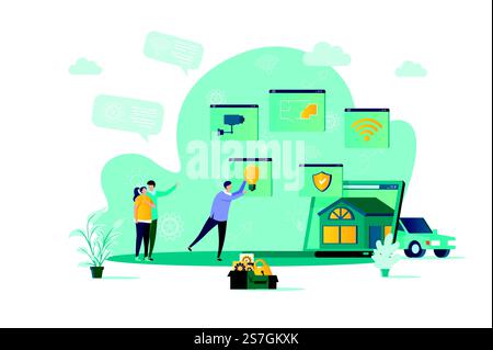 Smart home concept in flat style. People build smart home scene. Online home control, monitoring and management, house system automatization. Vector illustration with people characters in situation.. Smart home concept in flat style. Stock Vector