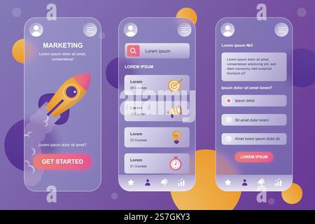 Marketing neumorphic elements kit for mobile app. Professional courses, targeting, attract clients, business promotion. UI, UX, GUI screens set. Vector illustration of templates in glassmorphic design Stock Vector