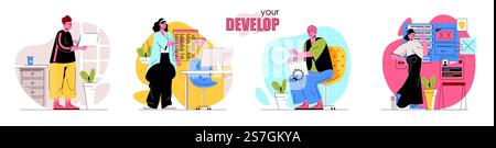 Develop concept scenes set. Developers coding, programs development, testing software, optimization applications. Collection of people activities. Vector illustration of characters in flat design Stock Vector