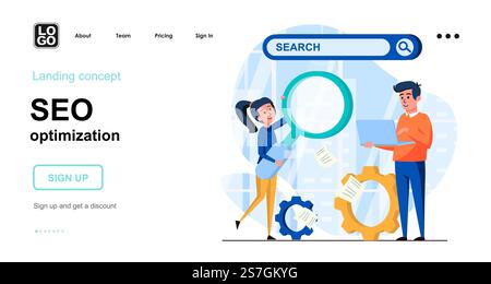 Seo optimization web concept. Team promotes website in search, customizes, analysis statistics. Template of people scene. Vector illustration with character activities in flat design for website Stock Vector