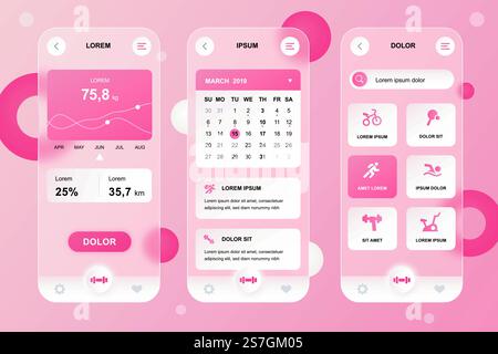 Fitness workout neumorphic elements kit for mobile app. Weight graph ...