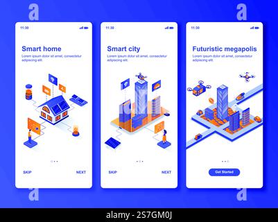 Smart home isometric design kit. Smart city technology, futuristic megapolis templates for mobile app. Home automation system UI UX onboarding screens. Vector illustration with tiny people characters.. Smart home isometric GUI design kit. Stock Vector