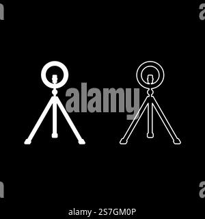 Led ring lamp on tripod with smartphone for phone studio photo light podcast concept equipment for streaming video set icon white color vector illustration image simple solid fill outline contour line thin flat style. Led ring lamp on tripod with smartphone for phone studio photo light podcast concept equipment for streaming video set icon white color vector illustration image solid fill outline contour line thin flat style Stock Vector