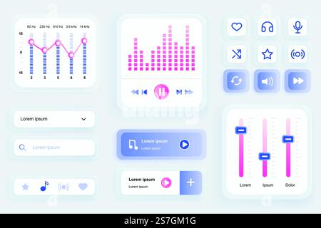 GUI elements for music player mobile app. Audio equalizer settings, playlist navigation, search bar user interface generator. Unique ui ux design kit vector illustration. Music listening components. Stock Vector