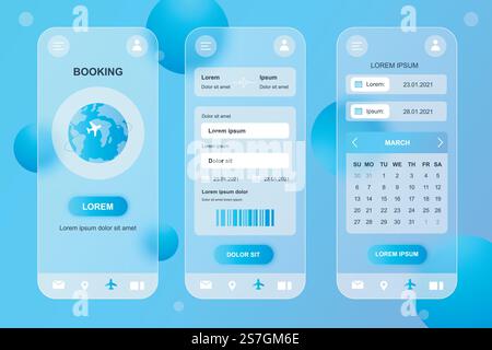 Travel booking neumorphic elements kit for mobile app. Airplane ticket buying, reservation, trip dates calendar. UI, UX, GUI screens set. Vector illustration of templates in glassmorphic design Stock Vector