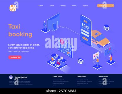 Taxi booking isometric landing page design. Taxi mobile application isometry concept. Online booking service of passenger transportation flat web page. Vector illustration with people characters. Stock Vector