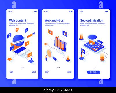 Web analytics isometric GUI design kit. Web content production, seo optimization templates for mobile app. Market research UI UX onboarding screens. Vector illustration with tiny people characters.. Web analytics isometric GUI design kit. Stock Vector