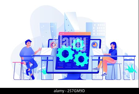 Developers team concept in flat design. Colleagues work together at project scene template. Man and woman develop, setting, testing, tech support. Vector illustration of people characters activities Stock Vector