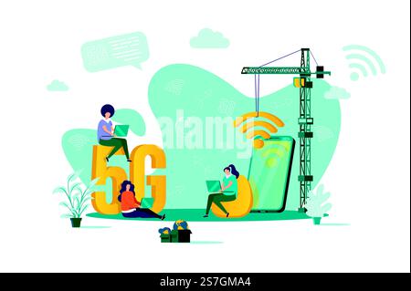 5g Internet concept in flat style. Young people working on laptop scene. Mobile telecommunication system, 5G generation technology standard web banner. Vector illustration with people characters.. 5g Internet concept in flat style. Stock Vector