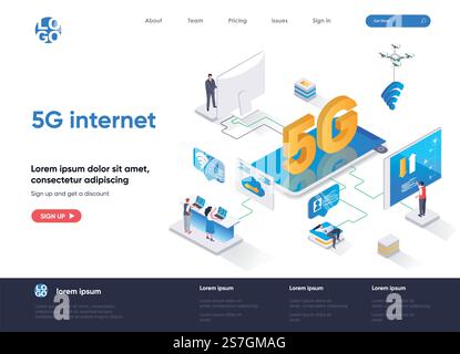 5G internet isometric landing page. Mobile telecommunication, 5G generation technology standard, cellular networks isometry web page. Website flat template, vector illustration with people characters. Stock Vector