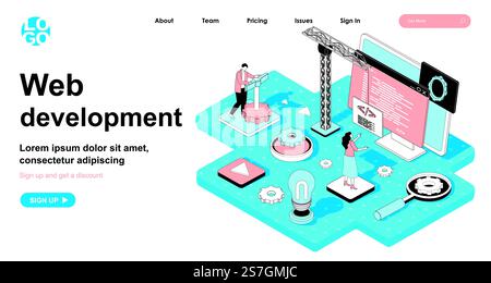 Web development isometric concept. Developers building website, writing code, testing, customize and optimize page, line flat isometry web banner. Vector illustration in 3d design for landing page Stock Vector