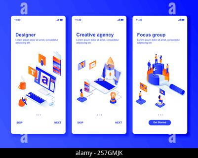 Creative agency isometric design kit. Focus group discussion, design studio templates for mobile app. Marketing and promotion UI UX onboarding screens. Vector illustration with tiny people characters.. Creative agency isometric GUI design kit. Stock Vector