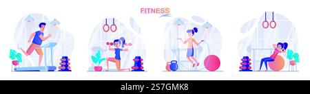 Fitness concept scenes set. Man running on treadmill, woman doing exercises with dumbbells or ball, conducts workout. Collection of people activities. Vector illustration of characters in flat design Stock Vector