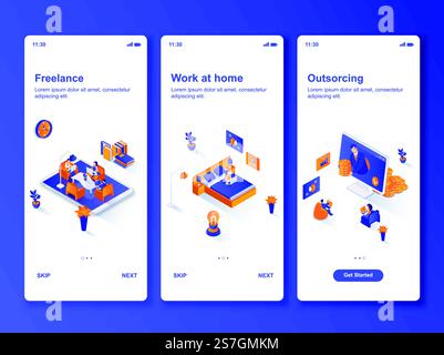 Work at home isometric GUI design kit. Freelance occupation, outsourcing company templates for mobile app. Remote workforce UI UX onboarding screens. Vector illustration with tiny people characters.. Work at home isometric GUI design kit. Stock Vector