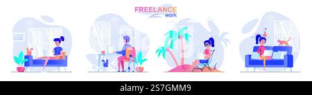 Freelance work concept scenes set. Woman working sitting on sofa or relaxing at resort, man working from home office. Collection of people activities. Vector illustration of characters in flat design Stock Vector