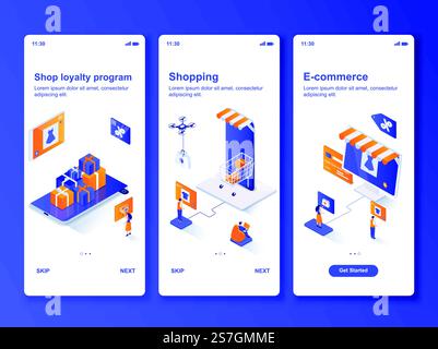 Online shopping isometric GUI design kit. Shop loyalty program, e-commerce templates for mobile app. Customer services UI UX onboarding screens. Vector illustration with tiny people characters.. Online shopping isometric GUI design kit. Stock Vector