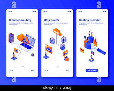 Data center isometric GUI design kit. Cloud computing, hosting provider services templates for mobile app. Data processing UI UX onboarding screens. Vector illustration with tiny people characters.. Data center isometric GUI design kit. Stock Vector