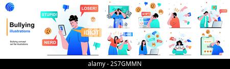 Bullying isolated set. Abuse at school, work or Internet, toxic communication. People collection of scenes in flat design. Vector illustration for blogging, website, mobile app, promotional materials. Stock Vector