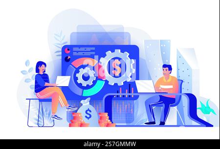 Financial management concept in flat design. Financial strategy to attract investment scene template. Team working in office, developing business. Vector illustration of people characters activities Stock Vector