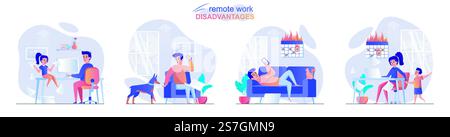 Remote work disadvantage concept scenes set. Child or dog interferes with work, man breaks deadline, woman overworked. Collection of people activities. Vector illustration of characters in flat design Stock Vector