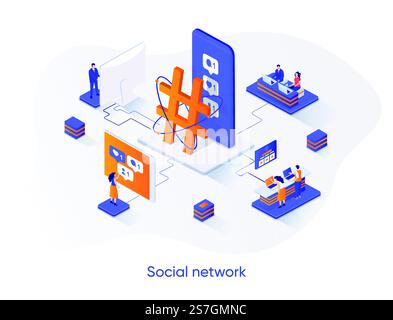 Social network isometric web banner. Internet community communication isometry concept. Social media content sharing 3d scene, posting message flat design. Vector illustration with people characters. Stock Vector