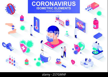 Coronavirus bundle of isometric elements. Drugs, vaccine, patient, safety mask, thermometer, doctor, microscope, coronavirus cell isolated icons. Isometric vector illustration with people characters.. Coronavirus bundle of isometric elements. Stock Vector