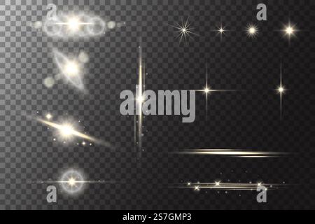 Star with light flare glow. Shiny sparkles with glitter and flashes. Vector golden glare on transparent background. Yellow magic twinkles with blurred Stock Vector