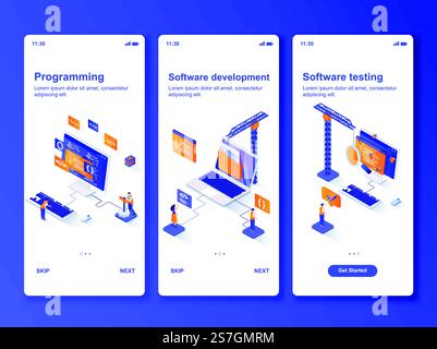 Software development isometric GUI design kit. Software engineering, programming and testing templates for mobile app. UI UX onboarding screens. Vector illustration with tiny people characters.. Software development isometric GUI design kit. Stock Vector