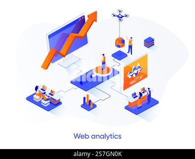 Web analytics isometric web banner. Online business analytics isometry concept. Data analysis service 3d scene, stock trading information flat design. Vector illustration with people characters. Stock Vector