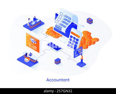 Accountant isometric web banner. Business accounting and audit isometry concept. Budgeting and tax calculation 3d scene, financial management flat design. Vector illustration with people characters. Stock Vector