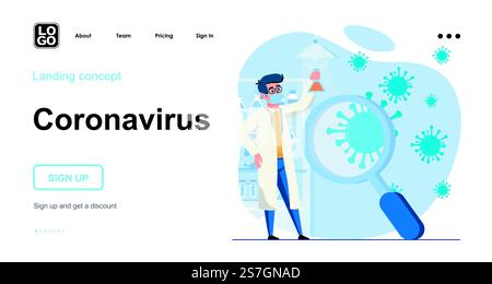 Coronavirus web concept. Scientist research virus, test in laboratory, creates vaccine or medicine. Template of people scenes. Vector illustration with character activities in flat design for website Stock Vector