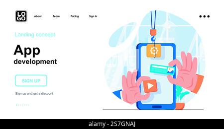 App development web concept. Mobile application development, create of interface layout with buttons. Template of people scene. Vector illustration with character activities in flat design for website Stock Vector