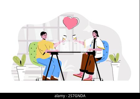 Romantic date concept. Loving man and woman dating in restaurant and drink situation. Relationship in couple people scene. Vector illustration with flat character design for website and mobile site Stock Vector