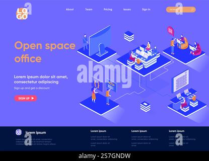 Open space office isometric landing page. Collaboration at coworking open space isometry concept. Comfortable workplace for developers team flat web page. Vector illustration with people characters. Stock Vector