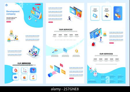 Development company isometric landing page. Software engineering, development corporate website design template. Web banner template with header, middle content, footer. Isometry vector illustration.. Development company isometric landing page. Software engineering, development corporate website design template. Web banner template with header, middle content, footer. Stock Vector