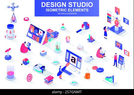 Design studio bundle of isometric elements. Ui UX design, font typography, front end development, interface design, website prototyping isolated icons. Isometric vector illustration kit with people.. Design studio bundle of isometric elements. Stock Vector