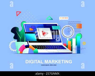 Digital marketing flat concept with gradients. Social media marketing, online consultation and strategy planning service web template. Digital marketing agency 3d composition, vector illustration.. Digital marketing flat concept with gradients. Stock Vector
