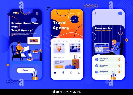 Travel agency unique design kit for social networks stories. Time to travel, online tour reservation mobile screen templates for app. UI UX layouts vector illustration. GUI set with people characters. Stock Vector