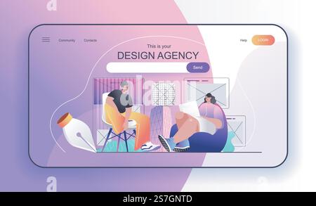 This is your design agency concept for landing page. Designers create page layouts with content, draw visual elements web banner template. Vector illustration in flat cartoon design for web page Stock Vector
