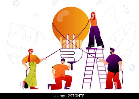 Big idea and innovations web concept. Team brainstorming, business creativity. People scene with flat line characters design for website. Vector illustration for social media promotional materials Stock Vector