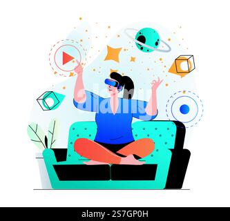Cyberspace concept in modern flat design. Woman learning and touching elements of simulation using VR headset, innovation interactive education at home. Virtual augmented reality. Vector illustration Stock Vector