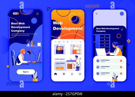 Web development unique design kit for social networks stories. Full stack software engineering, web design mobile screen templates. UI UX layouts vector illustration. GUI set with people characters. Stock Vector