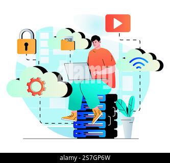 Cloud computing concept in modern flat design. User works at laptop and uses cloud technologies. Wireless secure connection, storage and processing, personal data protection. Vector illustration Stock Vector