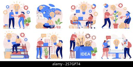 Business idea collection of scenes isolated. People brainstorming, generating ideas and innovations, set in flat design. Vector illustration for blogging, website, mobile app, promotional materials. Stock Vector