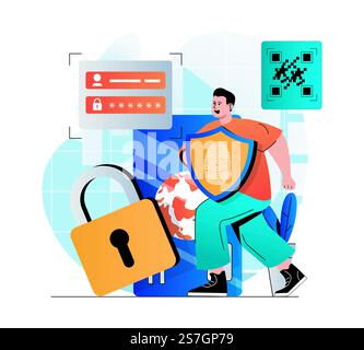 Secure payment concept in modern flat design. Man paying in into financial account using password and scanning fingerprint. Protection in mobile application of online banking. Vector illustration Stock Vector