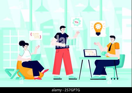 Developers team concept in flat design. Teamwork at office scene. Man and woman coding, programming, brainstorming, working project together. Vector illustration of people characters for landing page Stock Vector