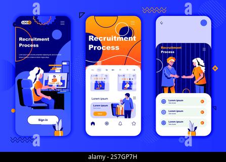 Recruitment process unique design for social networks stories. Headhunting agency, staff employment mobile screen templates for app. UI UX layouts vector illustration. GUI set with people characters. Stock Vector