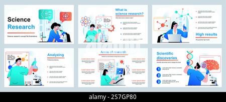 Science research concept for presentation slide template. People scientists make tests and experiments, scientific discoveries, work at professional laboratories. Vector illustration for layout design Stock Vector