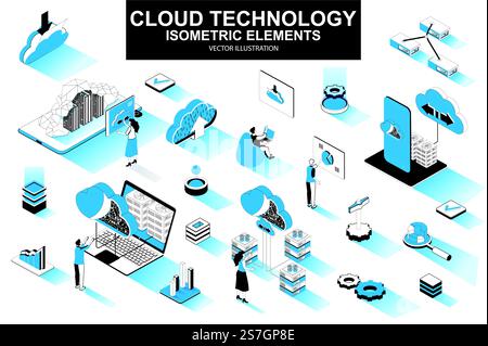 Cloud technology bundle of isometric elements. Server rack, hosting provider, information network, data storage, cloud database isolated icons. Isometric vector illustration kit with people characters Stock Vector